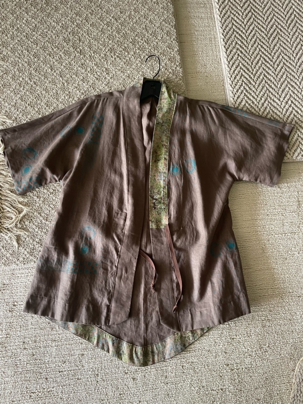Brown/Teal Linen Kimono Jacket Beautiful hand-printed batik, hand cut and sewn.